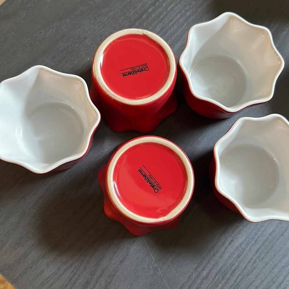Set of 5 red ramekins from Crate & Barrel. Never used from a smoke-free home.